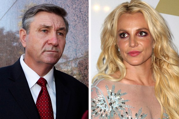 This combination photo shows Jamie Spears, left, father of Britney Spears, as he leaves the Stanley Mosk Courthouse on Oct. 24, 2012, in Los Angeles and Britney Spears at the Clive Davis and The Recording Academy Pre-Grammy Gala on Feb. 11, 2017, in Beverly Hills, Calif.