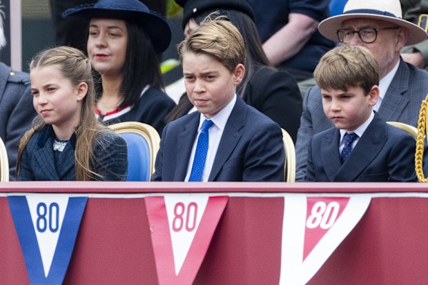 Princess Charlotte of Wales, Prince George of Wales and Prince Louis of Wales during the military procession to mark the 80th anniversary of VE Day on May 5, 2025 in London, England. 