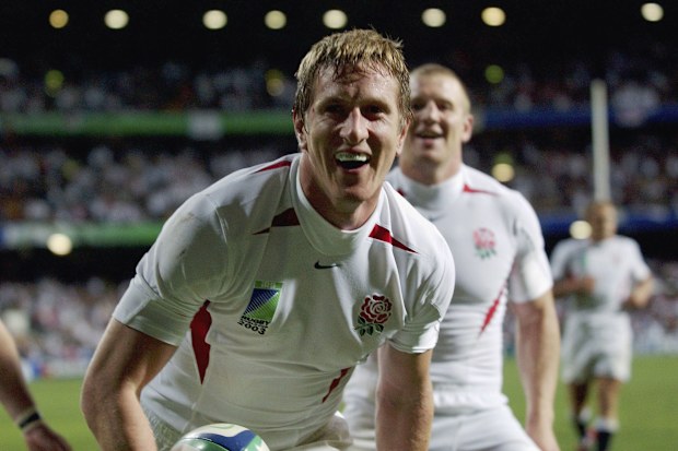 Will Greenwood of England celebrates scoring the winning try against South Africa.