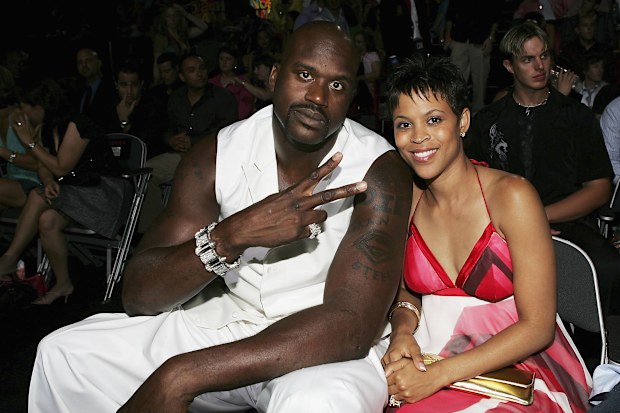 Basketball player Shaquille O'Neal and wife Shaunie O'Neal at the 2004 MTV Video Music Awards at the American Airlines Arena, on August 29, 2004 in Miami, Florida. 
