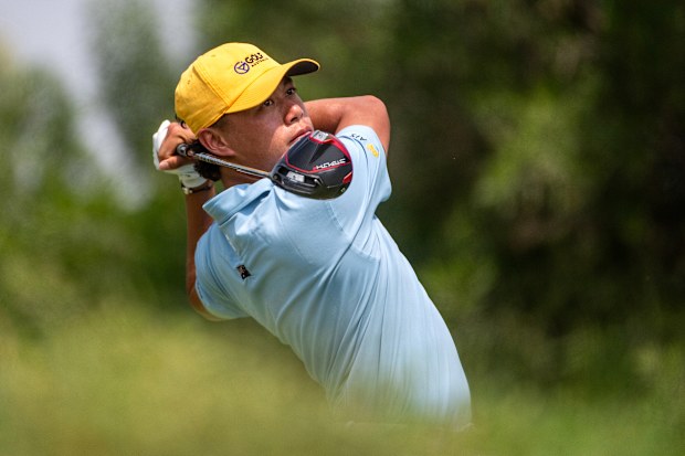 Jeff Guan of Australia tees off at the third hole during the 2023 World Amateur Team Championships - Eisenhower Trophy at Abu Dhabi Golf Club on October 21, 2023 in Abu Dhabi, United Arab Emirates. (Photo by Martin Dokoupil/Getty Images)