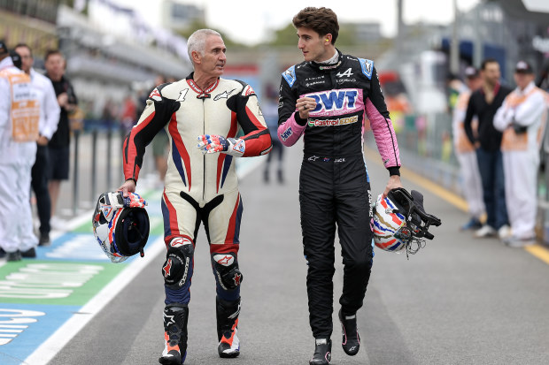 Jack Doohan of Australia and BWT Alpine F1 Team and Mick Doohan of Australia during qualifying ahead of the F1 Grand Prix of Australia at Albert Park Circuit on March 23, 2024 in Melbourne, Australia.(Photo by Qian Jun/MB Media/Getty Images)