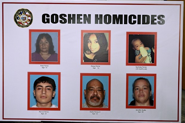 The victims of a shooting in Goshen, California, are displayed during a news conference, Tuesday, January 17, 2023, in Visalia, California.