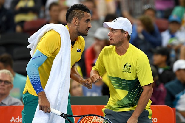 Australian team captain Lleyton Hewitt speaks to Nick Kyrgios during his singles match during the Davis Cup World Group First Round tie.
