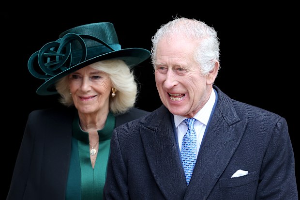 WINDSOR, ENGLAND - MARCH 31: Queen Camilla and King Charles III depart from the Easter Mattins Service at Windsor Castle on March 31, 2024 in Windsor, England. (Photo by Chris Jackson/Getty Images)