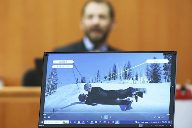 Dr. Irving Scher shows an accident simulation during testimony in Gwyneth Paltrow's trial, Tuesday, March 28, 2023, in Park City, Utah