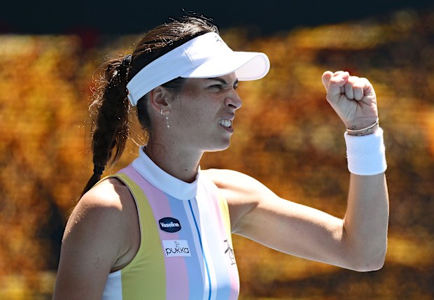 Ajla Tomljanovic of Australia celebrates winning against Ashlyn Krueger of the United States in the Women's Singles First Round match during day two of the 2025 Australian Open at Melbourne Park on January 13, 2025 in Melbourne, Australia. (Photo by Quinn Rooney/Getty Images)
