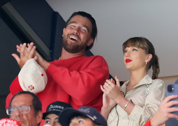 SUNRISE, FLORIDA - JUNE 12: Travis Kelce, left, and Taylor Swift react as the Edmonton Oilers and the Florida Panthers play during the first period in Game Four of the 2025 Stanley Cup Final at Amerant Bank Arena on June 12, 2025 in Sunrise, Florida. (Photo by Bruce Bennett/Getty Images)