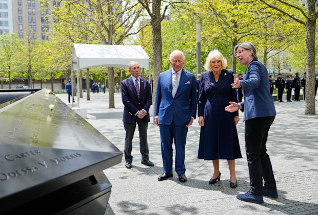 From left, former New York City Mayor Michael Bloomberg, Britain's King Charles III, Queen Camilla and Elizabeth Hillman