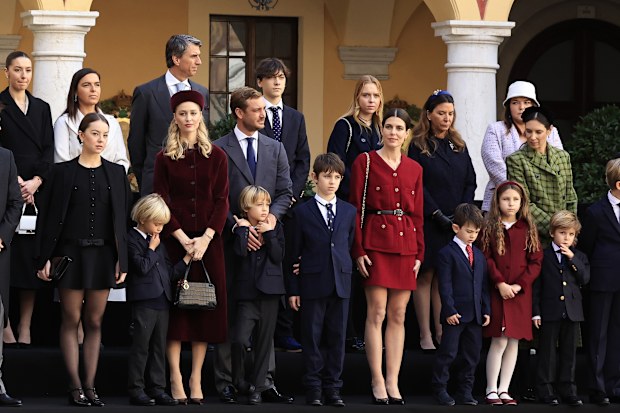 Members of the Monaco royal family attend a ceremony, at the Prince's Palace of Monaco marking National Day, in Monaco, Sunday, Nov. 19, 2023. (Valery Hache, Pool via AP)