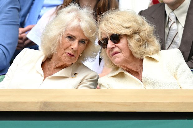 Queen Camilla and Annabel Elliot attend day ten of the Wimbledon Tennis Championships at the All England Lawn Tennis and Croquet Club on July 10, 2024 in London, England. 