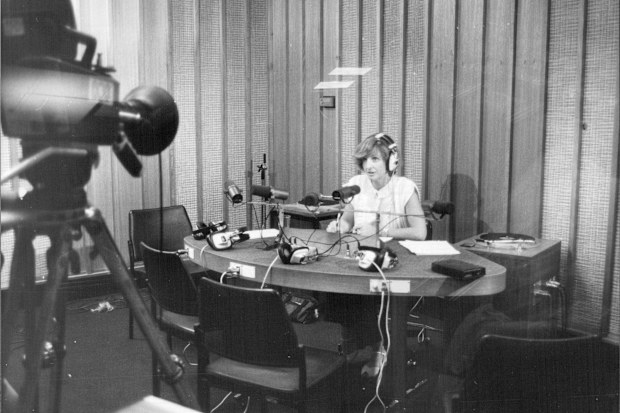 Caroline Jone's last day on City extra at ABX Studios, Williams Street. C. Jones alone in the studio waiting for ABC-TV interview to commence. December 24, 1981. 