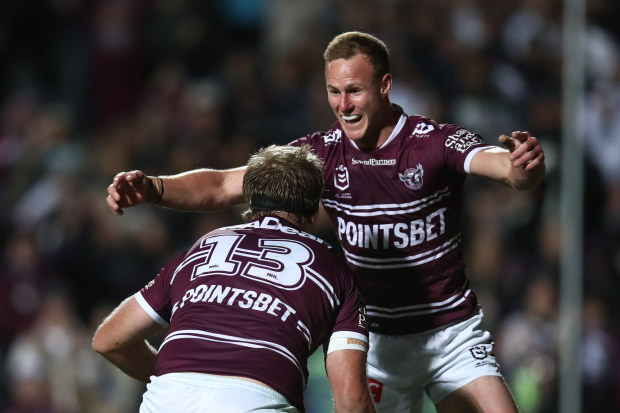 SYDNEY, AUSTRALIA - SEPTEMBER 01: Jake Trbojevic of the Sea Eagles celebrates scoring a try with Daly Cherry-Evans of the Sea Eagles during the round 27 NRL match between Manly Sea Eagles and Wests Tigers at 4 Pines Park on September 01, 2023 in Sydney, Australia. (Photo by Jason McCawley/Getty Images)