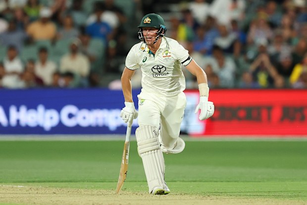 Marnus Labuschagne of Australia runs between the wickets during day one of the Men's Test Match series between Australia and India at Adelaide Oval.