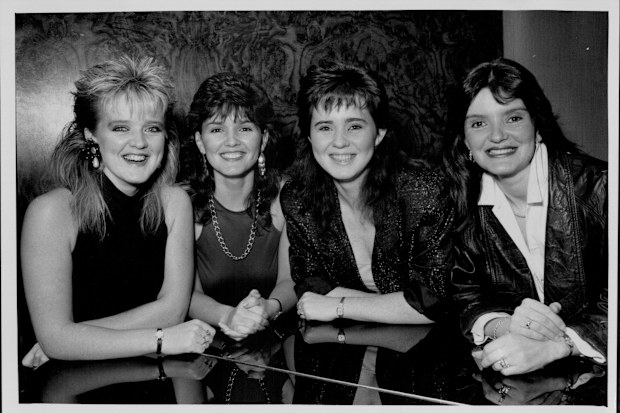 The Nolan sisters, British singing group here to tour Aust. pictured at the Southern cross hotel. L to R. Bernie, Maureen, Coleen, Anne. May 19, 1986. (Photo by Barry Chapman/Fairfax Media)