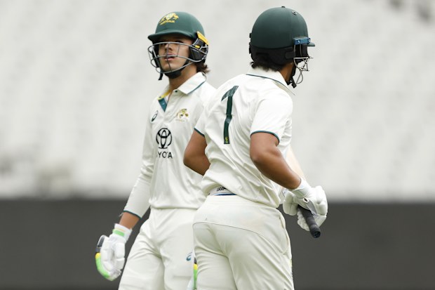 Sam Konstas of Australia A walks from the field after being dismissed.