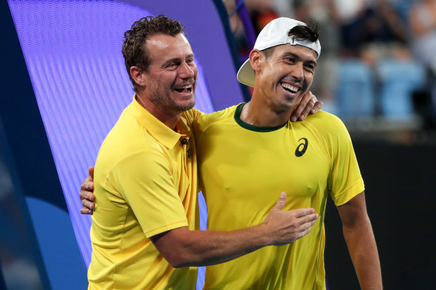 SYDNEY, AUSTRALIA - JANUARY 03: Jason Kubler of Australia celebrates match point with Australian team captain, Lleyton Hewitt following his group D match against Albert Ramos-Vinolas of Spain during day six of the 2023 United Cup at Ken Rosewall Arena on January 03, 2023 in Sydney, Australia. (Photo by Brendon Thorne/Getty Images)