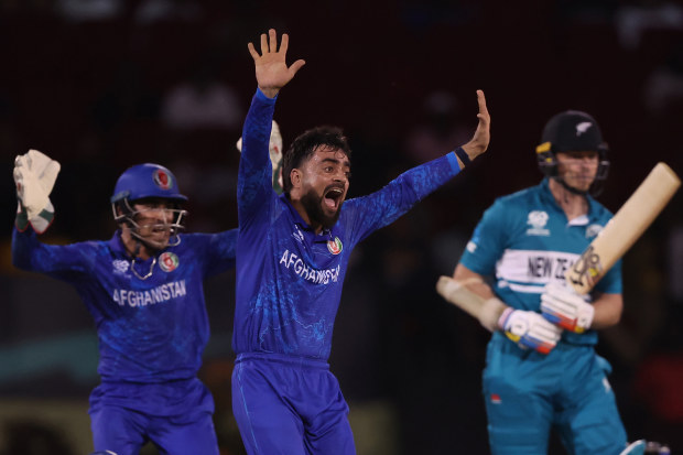 Rashid Khan of Afghanistan appeals successfully to dismissed Michael Bracewell of New Zealand.
