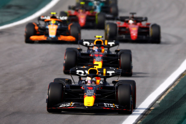 Max Verstappen ahead of Sergio Perez during the F1 Grand Prix of Brazil at Autodromo Jose Carlos Pace on November 13, 2022 in Sao Paulo, Brazil. (Photo by Jared C. Tilton/Getty Images)