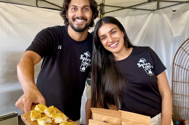 Priya Sharma and her partner Sid Madiwale selling their Dad's Special Spice Mix