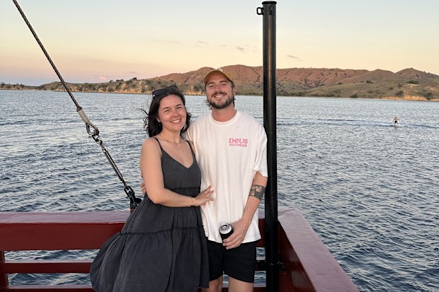 Maddison Leach with her fiance on the Seven Seas liveaboard.