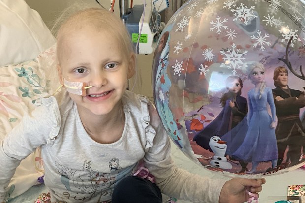 Lucy Veliades in hospital during cancer treatment.