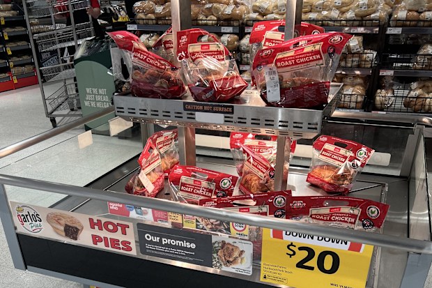 coles roast chickens display