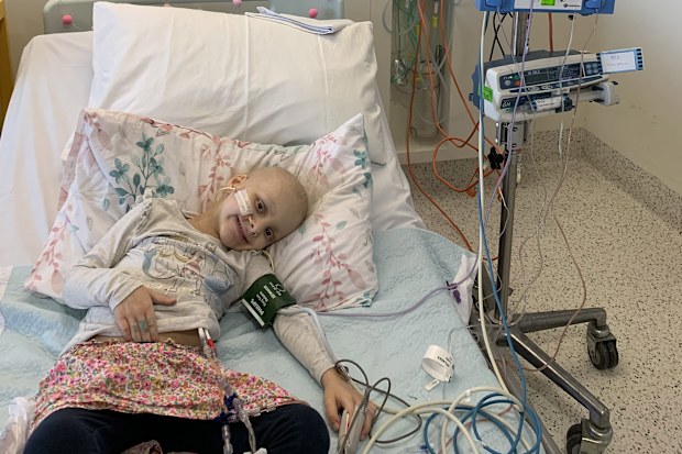 Lucy Veliades in hospital during cancer treatment.