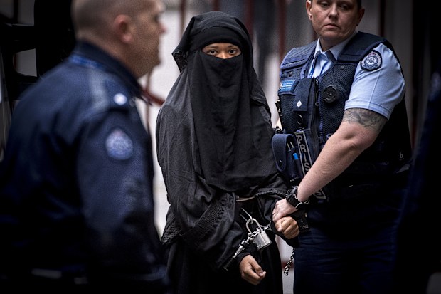 Momena Shoma is behind bars, accused of terrorism charges. She is pictured before an appearance at the Supreme Court in Victoria on June 5, 2019. Photo: Eddie Jim.