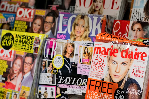 Newsstand found in central London displaying many international Women's and gossip titles such as Marie Claire, OK, Look, Red, Vogue UK, Grazia and Chat.