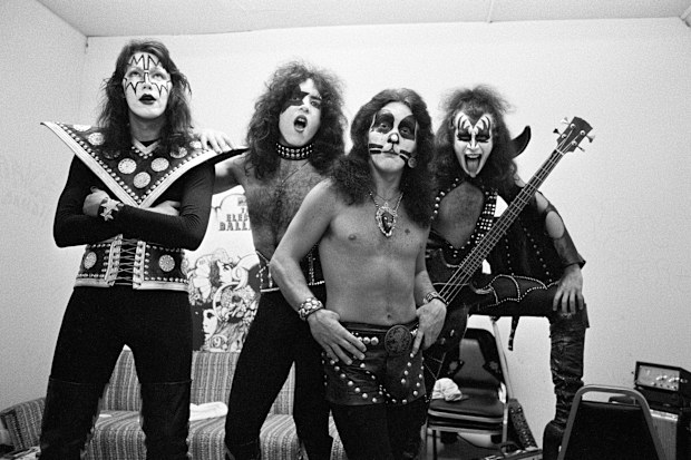ATLANTA - JULY 18: (L-R) Guitarist Ace Frehley, singer-guitarist Paul Stanley, drummer Peter Criss and bassist Gene Simmons of Kiss pose in the dressing room before performing at Alex Cooley's Electric Ballroom on July 18, 1974 in Atlanta, Georgia. (Photo by Tom Hill/WireImage)