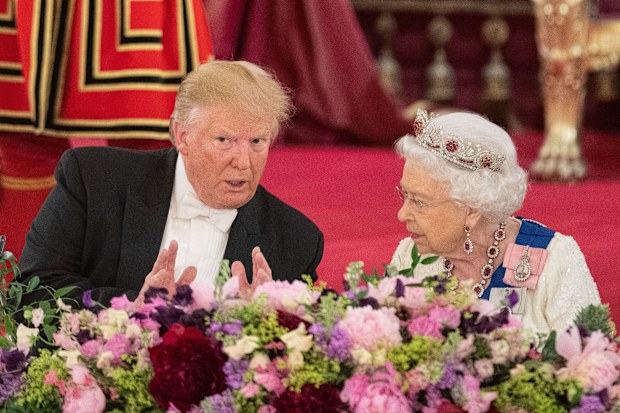 US President Donald Trump and Queen Elizabeth II during the State Banquet at Buckingham Palace, London, on day one of President Trump's three day state visit to the UK. PRESS ASSOCIATION Photo. Picture date: Monday June 3, 2019. See PA story ROYAL Trump. Photo credit should read: Dominic Lipinski/PA Wire