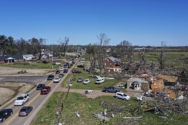 Traffic is backed up along one of the main thoroughfares in Covington, Tenn., Saturday, April 1, 2023.  