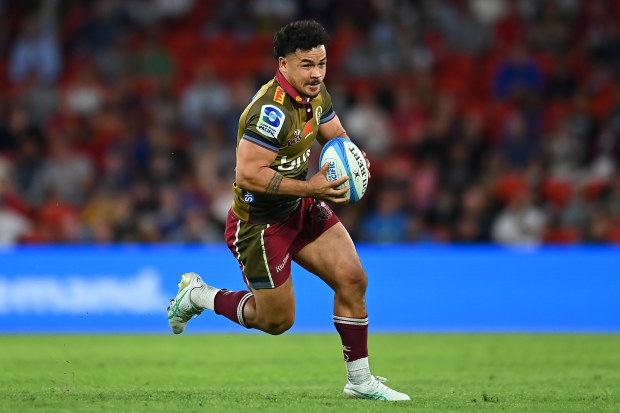 Hunter Paisami of the Reds in action during the round 10 Super Rugby Pacific match between Queensland Reds and Blues at Suncorp Stadium.