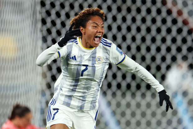 WELLINGTON, NEW ZEALAND - JULY 25: Sarina Bolden of Philippines celebrates after scoring her team's first goal during the FIFA Women's World Cup Australia & New Zealand 2023 Group A match between New Zealand and Philippines at Wellington Regional Stadium on July 25, 2023 in Wellington, New Zealand. (Photo by Maja Hitij - FIFA/FIFA via Getty Images)