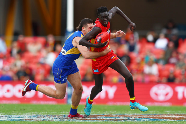 GOLD COAST, AUSTRALIA - JULY 31: Mac Andrew of the Suns in action during the round 20 AFL match between the Gold Coast Suns and the West Coast Eagles at Metricon Stadium on July 31, 2022 in Gold Coast, Australia. (Photo by Chris Hyde/Getty Images)