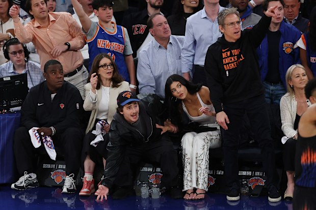 NEW YORK, NEW YORK - APRIL 28: Tracy Morgan, Tina Fey, Timoth&eacute;e Chalamet, Kylie Jenner, and Ben Stiller attend Game Five of the Eastern Conference First Round NBA Playoffs between the Atlanta Hawks and the New York Knicks at Madison Square Garden on April 28, 2026 in New York City. NOTE TO USER: User expressly acknowledges and agrees that, by downloading and or using this photograph, User is consenting to the terms and conditions of the Getty Images License Agreement. (Photo by Sarah Stier/Getty