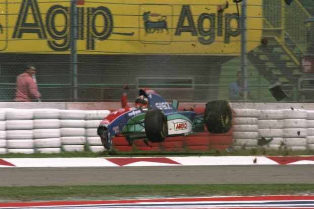 Rubens Barrichello of Brazil crashes at 160 mph in his Jordan Hart during the first official practice for the San Marino Grand Prix at the Imola circuit in San Marino. Barrichello escaped serious injury. \\ Mandatory Credit: Anton  Want/Allsport