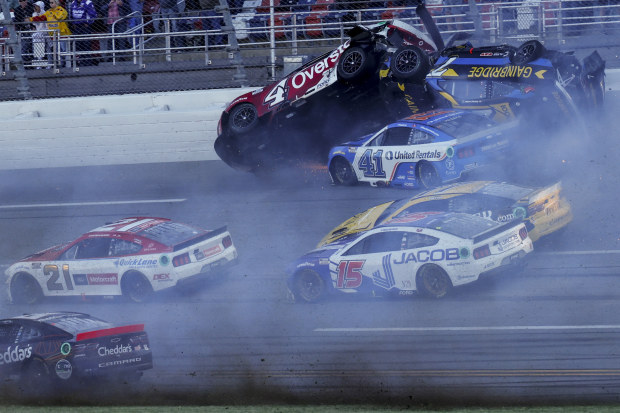 NASCAR Cup Series driver's Ryan Preece (No.41) Josh Berry (No.4) and Corey LaJoie (No.7), upside down, crash on the final lap during a NASCAR Cup Series auto race at Talladega Superspeedway.