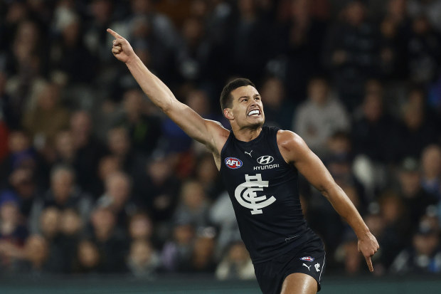 MELBOURNE, AUSTRALIA - JULY 15: Jack Silvagni of the Blues celebrates kicking his fourth goal during the round 18 AFL match between Carlton Blues and Port Adelaide Power at Marvel Stadium, on July 15, 2023, in Melbourne, Australia. (Photo by Daniel Pockett/Getty Images)