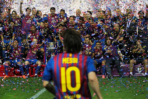 Lionel Messi celebrates Barcelona win