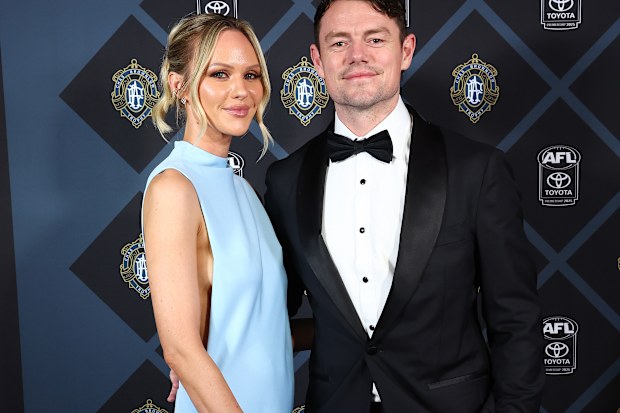 Lachie Neale and Jules Neale arrive at the 2025 Brownlow Medal on September 22, 2025 in Brisbane, Australia. 