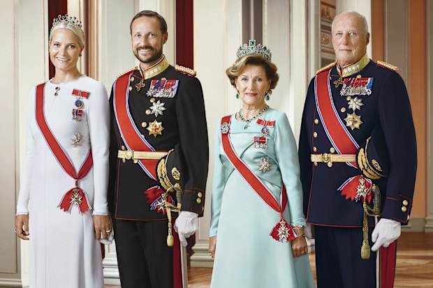In this handout photo provided by the Royal Court, Princess Mette-Marit of Norway, Crown Prince Haakon of Norway, Queen Sonja of Norway and King Harald V of Norway pose for an official photograph from the Royal Court on January 15, 2016 in Oslo, Norway.