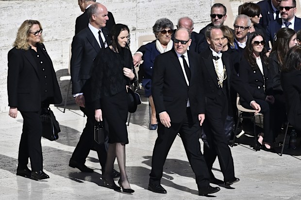 VATICAN CITY, VATICAN - APRIL 26: Princess Charlene of Monaco and Prince Albert II of Monaco arrive at the funeral of Pope Francis in St. Peters Square on April 26, 2025 in Vatican City, Vatican.