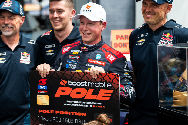 Will Brown celebrates pole position for race one of the Supercars Championship at Mount Panorama.