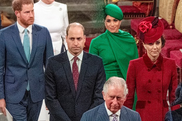 Prince William with Kate, Duchess of Cambridge, and Prince Harry with Meghan Duchess of Sussex, as they leave the annual Commonwealth Service at Westminster Abbey in London in March 2020.