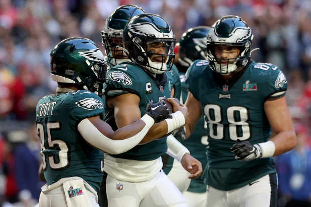 Jalen Hurts of the Philadelphia Eagles celebrates after scoring the first touchdown of Super Bowl LVII.