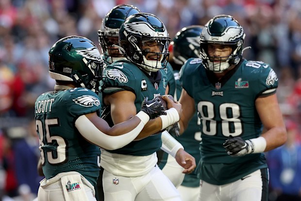 Jalen Hurts of the Philadelphia Eagles celebrates after scoring the first touchdown of Super Bowl LVII.