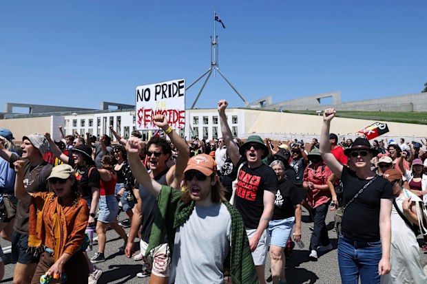 SYDNEY, AUSTRALIA - JANUARY 26: ProtInvasion Day Rally marching past Parliament House in Canberra on Monday 26 January 2026. fedpol Photo: Alex EllinghausenInvasion Day Rally marching past Parliament House in Canberra on Monday 26 January 2026. fedpol Photo: Alex Ellinghausen

