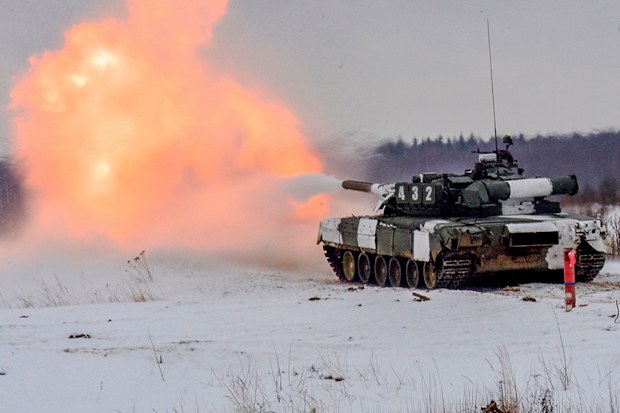 In this photo released by the Russian Defense Ministry Press Service on in Nizhny Novgorod, Russia, Saturday, Feb. 5, 2022,  A tank takes part in a military exercise, in Russia. (Russian Defense Ministry Press Service via AP)